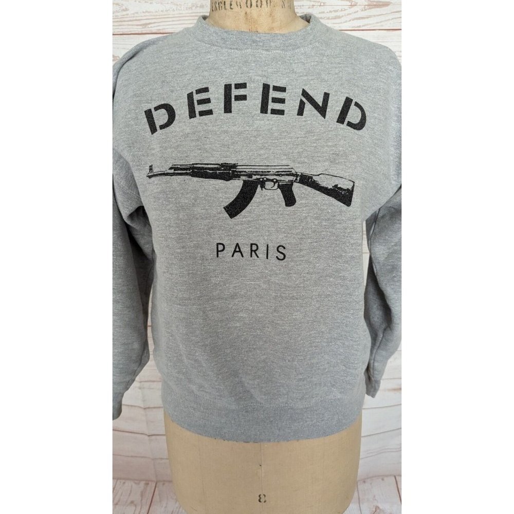 SOLD Defend Paris Unisex Sweatshirt Size Small S AK-47 Pullover Gray Grey - Picture 2 of 8